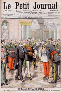 El Rey Alfonso XIII de España presentando su corte al Presidente Emile Loubet de Francia en el Palacio Real de Madrid. En el Palacio Real de Madrid. El Rey de España Alfonso XIII presentando a los dignatarios de la Corte al Presidente de la República Loube de French School