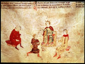 El rey Arturo en su trono rodeado de sus consejeros, del Roman de Meliadus