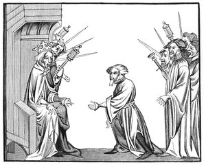 El rey Carlomagno (742-814) recibiendo el juramento de fidelidad y homenaje de uno de sus feudatarios o altos barones, de una miniatura en camafeo de las Crónicas de San Denis de French School