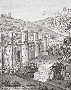 El rey Carlos VII, al abandonar Ruán, se dispone a sitiar la ciudad de Harfleur, según una miniatura del manuscrito del siglo XV Chroniques de Monstrelet, de Science and Literature in The Middle Ages de Paul Lacroix pub. Londres 1878 de French School