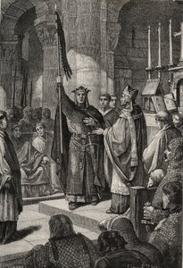 El rey Luis VII (1120-1180) toma el oriflama en la Basílica de Saint Denis en presencia de la reina Alienor de Aquitania y recibe el zumbido y la panetière del peregrino de las manos del Papa Eugenio III antes de su partida de French School