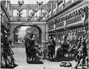 Rey Luis XIII (1601-43) y la Reina Ana de Austria (1601-66) en la producción de Mirame en el Palais Cardinal, París, 1641