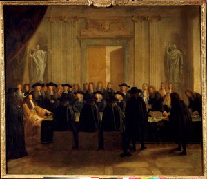 Rey Luis XIV (1638-1715) sosteniendo los sellos en presencia de los Consejeros de Estado y el Maestro de Solicitudes mientras él mismo ocupaba el cargo de Canciller de Francia entre febrero y abril de 1672. Pintura anónima. Siglo XVII