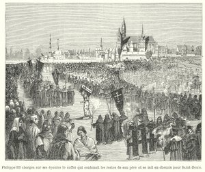 El rey Felipe III de Francia llevando los huesos de su padre, Luis IX, a su entierro en la Basílica de St Denis, París de French School
