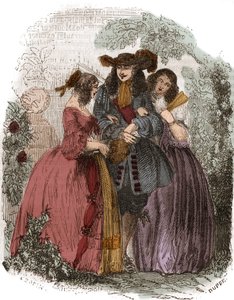 Rey de Francia Luis XIV (1638-1715) con Hortensia Mancini (1646-1699) y su hermana María Mancini (1639-1715). Sobrinas de Mazarino. Grabado del siglo XIX.
