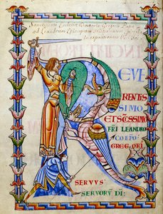 Caballero luchando contra el dragón - lettrine R (inicial), Miniatura del manuscrito "Moralia en Job", Morales sur Job de San Gregorio, de la abadía citeau de French School