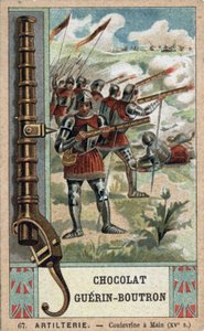 Caballero maniobrando una culebrina de mano del siglo XV. Cromolitografía del siglo XIX de chocolates Guérin-Boutron. de French School