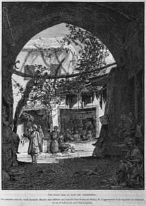 Escuela coránica en el bazar de los zapateros, de La Terre Sainte de Victor Guerin, 1884 (grabado en blanco y negro) de French School