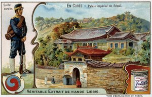 Corea: Palacio Imperial de Seúl y traje de soldado - cromo Liébig, c.1900 de French School