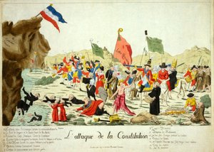 El Ataque a la Constitución, pub. 1792 (grabado coloreado a mano) de French School