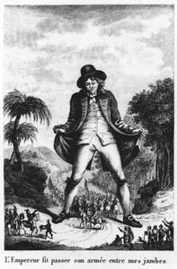 El emperador hizo pasar su ejército entre mis piernas, tomado de una traducción francesa de Los viajes de Gulliver de French School