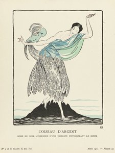 El Pájaro de Plata. Vestido de noche, consistente en un pañuelo enrollado alrededor del busto de La Gazette du Bon Ton, pub. 1914 (Impresión en plantilla) de French School