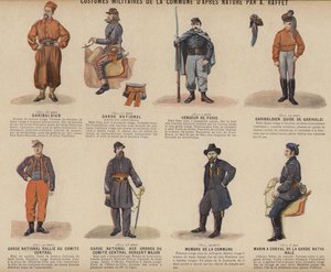 La Comuna de París, Trajes Militares de la Comuna por A Raffet (litografía en color) de French School