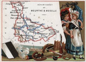 La Meurthe et Moselle (Meurthe-Et-Moselle, 54), Lorena, Francia. Retrato de dos mujeres revolucionarias. Serie sobre los Departamentos Franceses. Cromolitografía “el hilo geográfico”, circa 1920. Colección privada. de French School