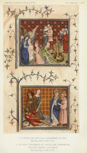 La reina de Portugal condenada a la hoguera, el Papa, el Emperador y la hija del Emperador (litografía en color)