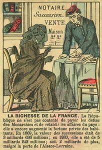 La Riche de la France, ilustrando los beneficios de la Tercera República sobre el enriquecimiento personal de los franceses. Grabado, en "Le Figaro, suplemento", el 30/03/1889, París. de French School