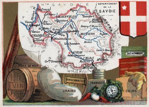 La Savoie (73), Ródano Alpes, Francia. Serie sobre los Departamentos Franceses. Especialidad local: aceite de nuez, vino, granos, kirsch, queso, gasa de Chambéry y cuero. Cromolitografía “el hilo geográfico”, circa 1920. Colección privada de French School