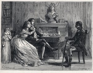 El Terror durante la Revolución Francesa: Camille Desmoulins (1760-1794), encarcelado, recibió la visita de su esposa Lucile (1770-1794) y el mariscal Guillaume Brune (1763-1815) de French School
