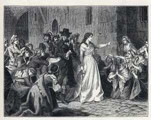El Terror durante la Revolución Francesa: Madame Jeanne Marie Roland de la Platiere (1754-1793) saliendo de la prisión de la Conciergerie para ir ante el Tribunal Revolucionario en 1793. Sus codetenidas se arrodillan en su camino