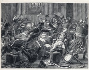El Terror durante la Revolución Francesa: arresto de Maximilien de Robespierre (1758-1794) y sus seguidores reunidos en el Hotel de Ville de París el 9 de Thermidor año II (27 de julio de 1794). En el centro, un gendarme disparó una pistola a Robespierre ( de French School