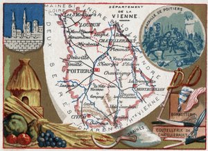 La Vienne, Poitou-Charentes, Francia. Semillas, cubiertos de Chatellerault y calcetería. Serie sobre los Departamentos Franceses. Cromolitografía, circa 1920. Colección privada. de French School