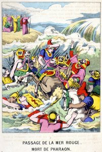La muerte del Faraón en el paso del Mar Rojo - en "Vida de Moisés", ed. Olivier Pinot, Épinal, finales del siglo XIX de French School