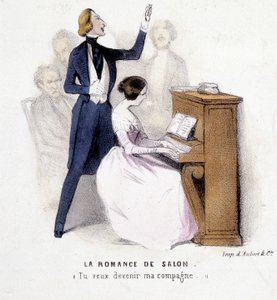 La romance de salón: hombre cantando acompañado al piano por una mujer, por Lonsay, c. 1845