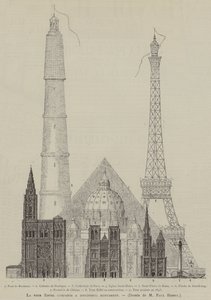 La tour Eiffel comparee a differents monuments (grabado)