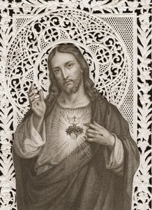Tarjeta de encaje que representa El Sagrado Corazón de Jesús, siglo XIX (litografía en blanco y negro) de French School