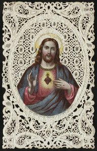 Tarjeta de encaje que representa El Sagrado Corazón de Jesús, siglo XIX de French School