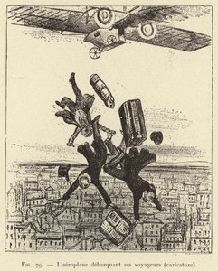 El aeroplano desembarcando a sus viajeros (caricatura) (grabado) de French School