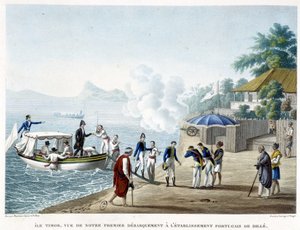 Desembarco en el asentamiento portugués de Dillè, isla de Timor de French School