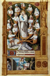 ""El Árbol de Isaí"" Isaí, el padre de David, descansa abajo, encima de su descendencia. Miniatura de la escuela francesa del siglo XV. Madrid, Biblioteca Nacional de French School