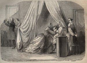 Últimos momentos de Charles Lafarge (1811-1840), esposo de Marie Fortunee Capelle, Marie Lafarge (Madame) (1816-1852) criminal francesa - Grabado en "Causas célebres de todos los pueblos" por Armand Fouquier (1817-18?) 1858-1867 - colección privada de French School
