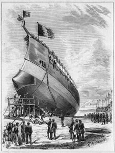 Lanzamiento del barco blindado "La Galissonniere", 7 de mayo de 1872 en el puerto de Brest, Finisterre (29). Grabado en "Le Monde Illustré" n°789 del 25 de mayo de 1872