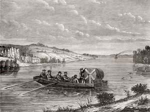 Tendido de un cable telegráfico bajo un río americano c.1860, de Les Merveilles de la Science, publicado c.1870 (grabado) de French School