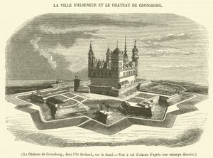 Castillo de Cronsborg, en la isla de Seeland, en el Sund, a vista de pájaro (grabado)