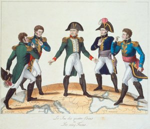 El juego de los cuatro rincones o Los cinco hermanos, caricatura bonapartista que representa a Napoleón y sus hermanos, 1808 de French School