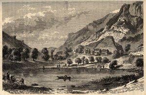 Le Lauzet-Ubaye - El lago de Lauzet - comuna en el departamento de Alpes de Alta Provenza en el sureste de Francia - grabado en “PATRIE” - DESCRIPCIÓN PICTÓRICA DE FRANCIA EN 6 VOLÚMENES POR LUCIEN HUARD - finales del siglo XIX
