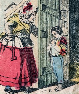 Le Pere Fouettard, personaje francés del padre azotador, figura legendaria del folclore que castiga a los niños traviesos: su esposa, La Mere Fouettard, la madre azotadora, que entrega a los niños arrepentidos - Imagen de Epinal de French School