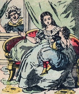Le Père Fouettard, personaje francés del padre azotador, figura legendaria del folclore que castiga a los niños traviesos: su esposa, La Mère Fouettard, la madre azotadora que no reprende a los niños sabios - Imagen de Epinal de French School