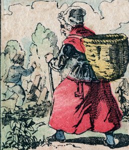 Le Pere Fouettard, personaje francés del padre azotador, figura legendaria del folclore que castiga a los niños traviesos: su esposa, La Mere Fouettard, la madre azotadora que persigue a los niños que faltan a la escuela - Imagen de Epinal de French School