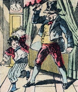 Le Pere Fouettard, personaje legendario del folclore, castigando a los niños desobedientes con su látigo, e encerrando a los niños desobedientes, imagen de Epinal de French School