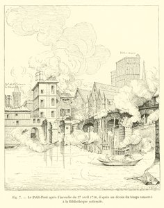 Le Petit-Pont después del incendio del 27 de abril de 1718, según un dibujo de la época conservado en la Biblioteca Nacional de French School