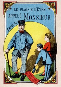 El placer de ser llamado señor: niños saludando a un trabajador con blusa y sombrero de copa, imagen de Epinal, s. XIX