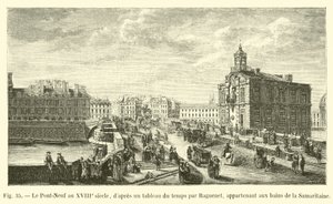 El Pont-Neuf en el siglo XVIII, según un cuadro de la época por Raguenet, perteneciente a los baños de la Samaritana