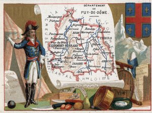 El Puy de Dôme (63), Auvernia, Francia. Retrato de Louis Charles Antoine Desaix (1768-1800), cuchillería, vino, compota de albaricoque. Serie sobre los Departamentos Franceses. Cromolitografía "el hilo geográfico", circa 1920. Colección privada de French School