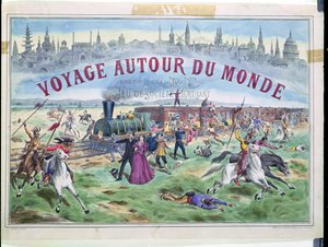 Le Voyage Autour du Monde, portada de una caja para un juego basado en La Vuelta al Mundo en 80 Días de Julio Verne (1828-1905) de French School