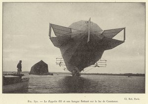 El Zeppelin III y su hangar flotante en el lago de Constanza de French School