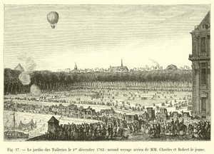 El jardín de las Tullerías el 1 de diciembre de 1783, segundo viaje aéreo de MM Charles y Robert el joven de French School